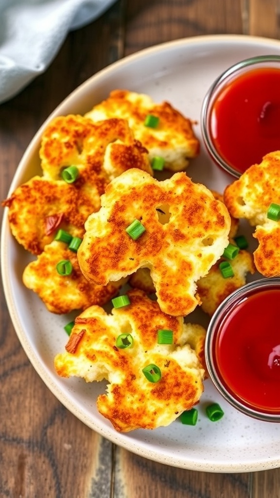 Crispy cauliflower hash browns served on a plate with green onions and ketchup.